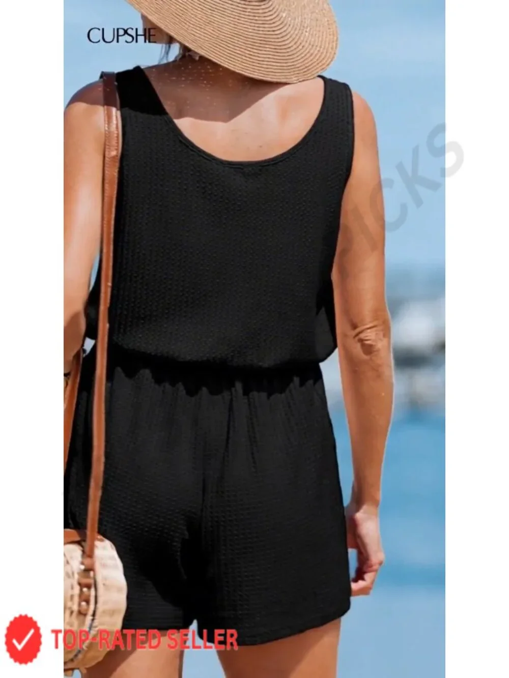 Sleeveless Waffle Knit Romper Casual Drawstring Summer Scoop Neck